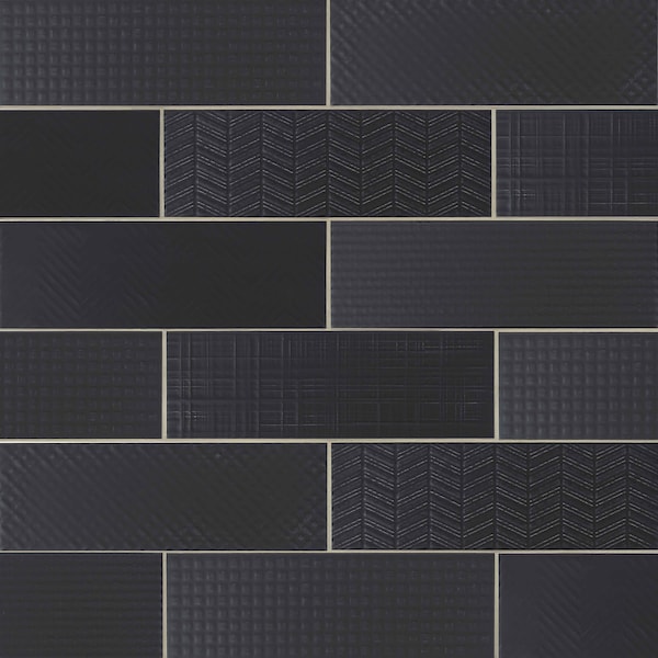 Urbano Ink 3D Mix 4 In. X 12 In. Glossy Ceramic Black Textured Subway Tile, 30PK